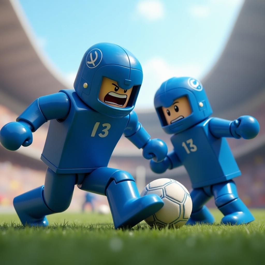 Image depicts Roblox-style blue characters engaged in a football game. The scene captures an intense moment as they play with a football on a lively pitch.