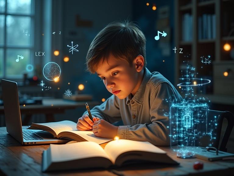 A young boy with a focused expression studies at a desk. Glowing floating symbols of physics and math surround him. Multiple books are open. A laptop is nearby. Science models are present. The room is dimly lit with warm glow from holograms. Magical atmosphere.