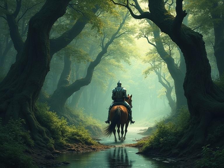 A knight wears shining white armor. Rides a brown horse. Travels through a dense forest. The trees are twisted and very old. Leaves are thick and green. Water flows gently in the scene. Creates a sense of mystery and isolation. The atmosphere feels enchanting and perilous. Forest surrounds the knight closely.
