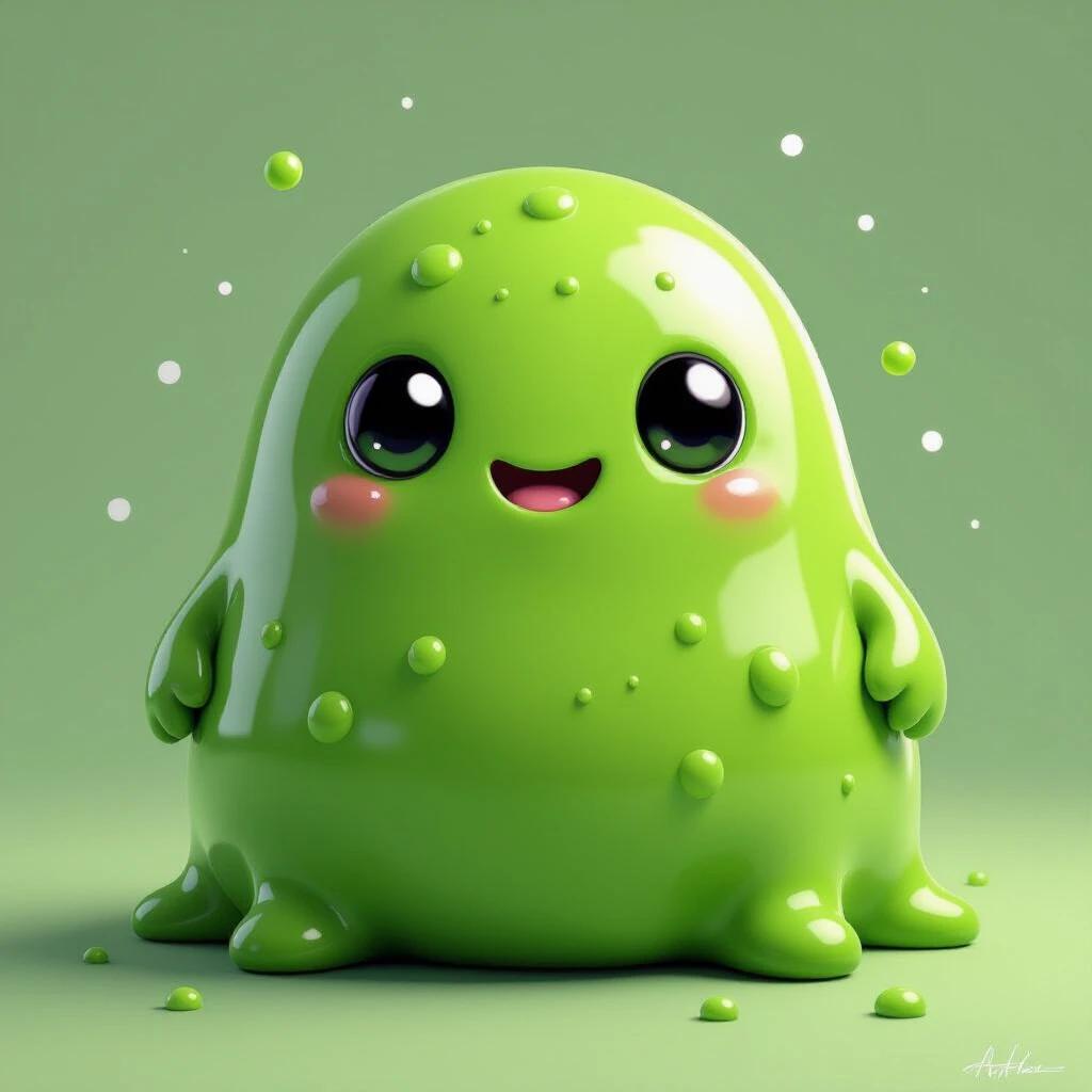 Illustration of a game-style green blob monster with glossy slime texture. The character has vibrant full green color and scattered small white dots. It features a semi-translucent and soft rounded shape, with a playful expression. The surface texture is slightly bumpy and wet, enhanced by subtle lighting highlights. The style is cartoonish, highly detailed with smooth shading.