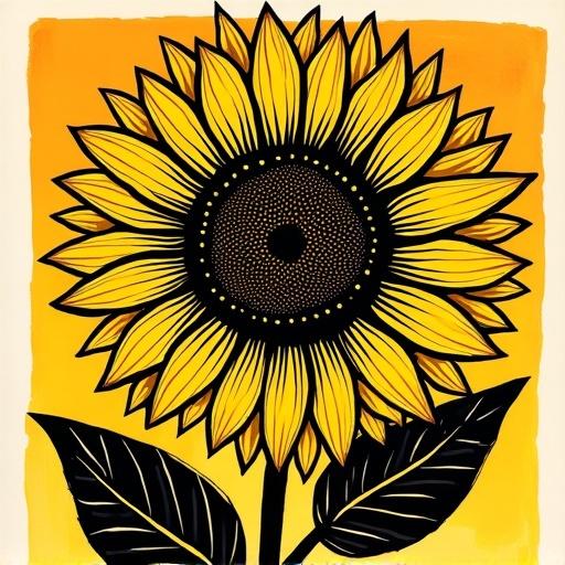 Bold sunflower illustration featuring cut shapes and ink texture. Created in linocut print style. Traditional printmaking technique used. Designed by Angie Lewin. High resolution depiction with hand-carved details and pressed edges. Black ink applied on orange-yellow paper. Lighting comes from above.
