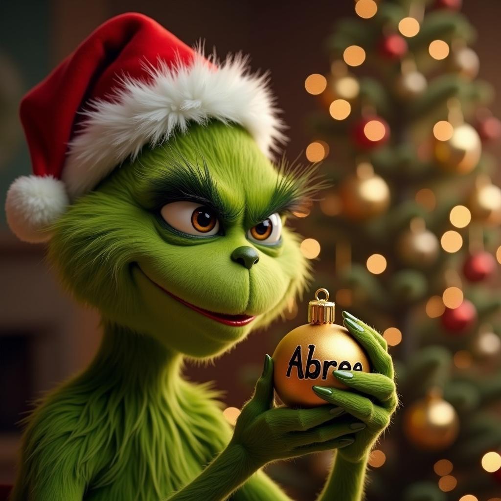 The Grinch holds a gold Christmas ornament with the name Abree. The Grinch wears a Santa hat. A Christmas tree is in the background.