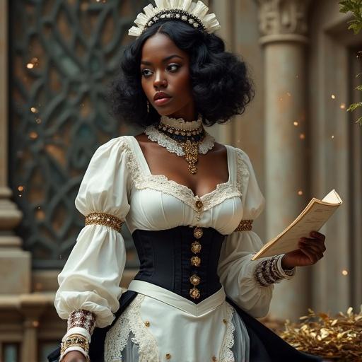 Afro-descendant black woman inspired by Yoruba goddess Yemọja. Beautiful facial features. Glossy black hair in soft waves. Golden kanzashi hair accessories. Fusion of medieval and modern styles. White lace blouse and black corset. Large breasts emphasized. Elegant apron and knee-length skirt. Black stockings and garters. Seductive pose with documents. Background combines medieval stone with modern elements. Magical atmosphere.