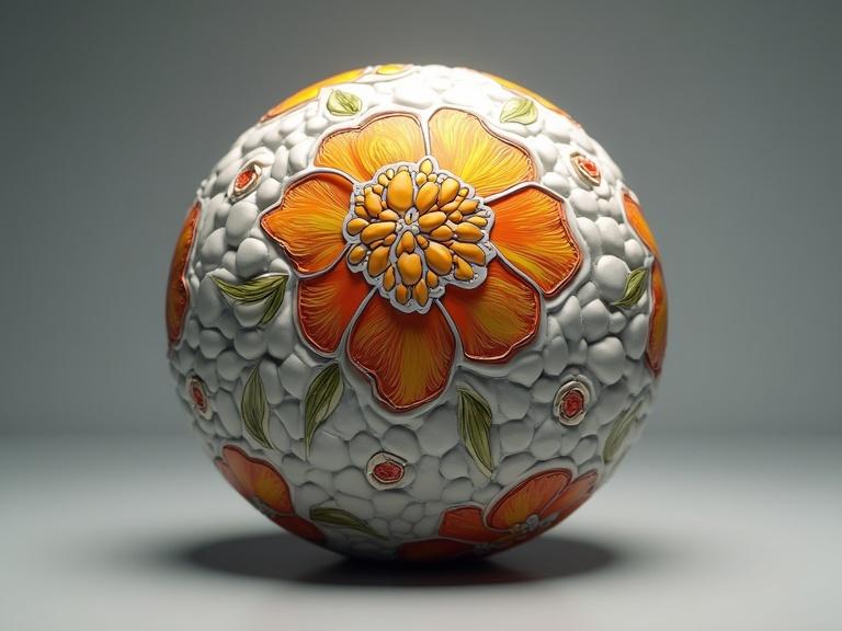 Detailed spherical ornament featuring vibrant flowers. Ornament displays a mix of white, orange, and green colors. Floral patterns are predominately showcased. Soft light enhances the intricate details of the design.