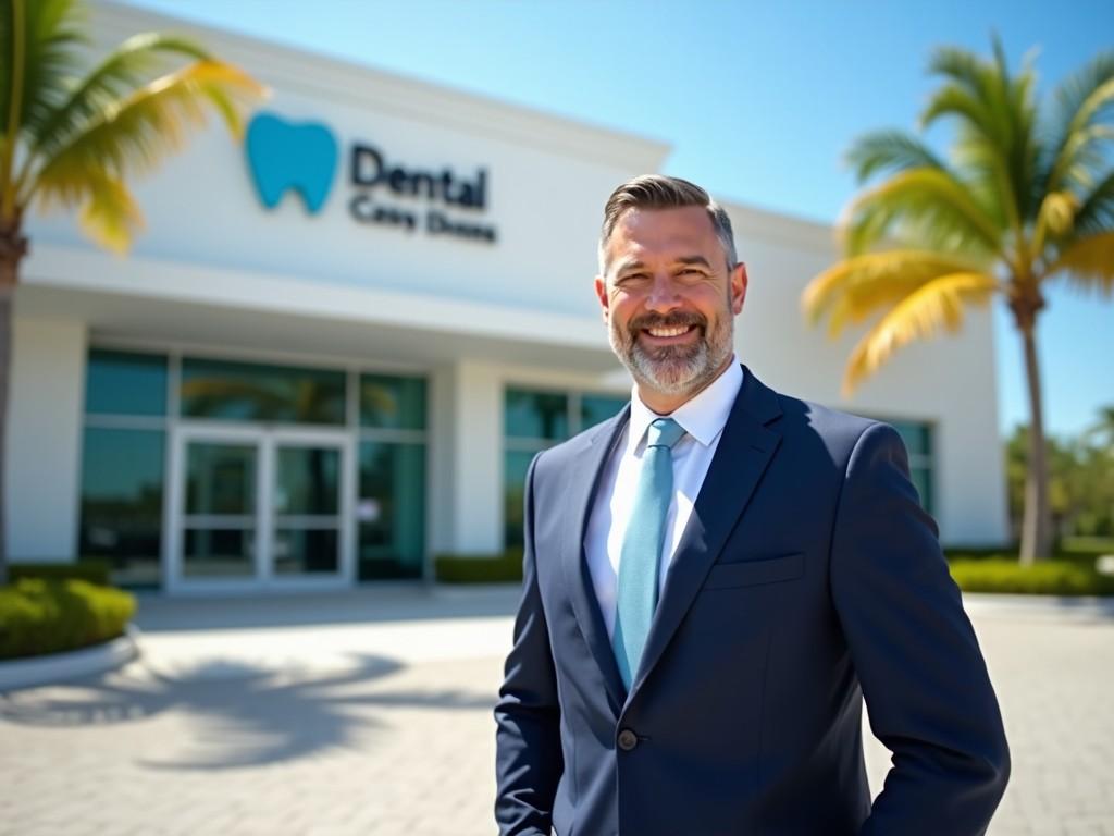 A well-dressed man stands in front of a modern dental clinic. He is smiling and appears confident. The dental care facility has large windows and a clean design. Palm trees sway in the background under a clear blue sky. The man is wearing a blue suit and a light blue tie, embodying professionalism. This scene represents the welcoming atmosphere of a dental practice.