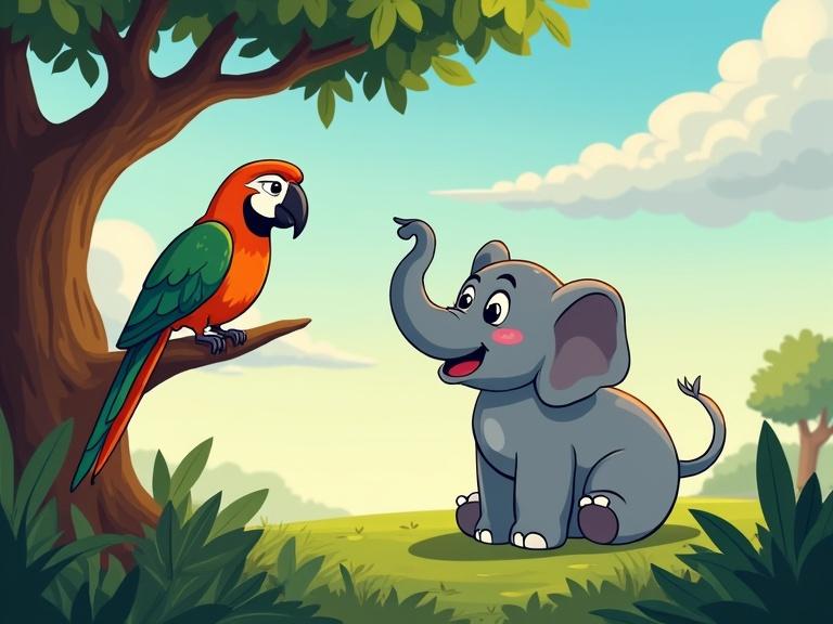 Scene of a parrot in a tree talking to an elephant. Bright colors and cartoon style. Parrot is colorful with green and orange feathers. Elephant is gray and smiling. Background has trees and a blue sky with clouds.