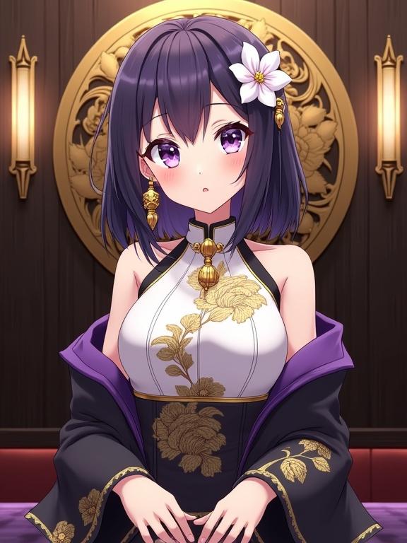 An anime-style lady looks directly forward. She has semi-long dark violet hair with a white flower and golden ornament. Large expressive light purple eyes are visible. The outfit is white with gold floral patterns and a black skirt. Large golden earrings enhance her look. She poses with hands resting, displaying a calm expression. The background shows a luxurious, dimly lit interior with an ornate golden emblem and vertical light fixtures.