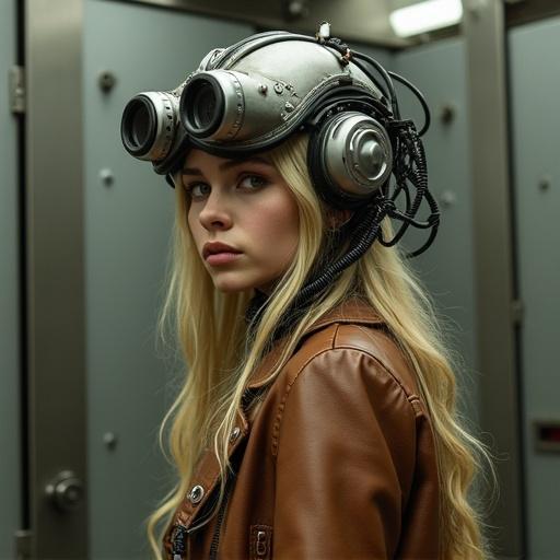 Young woman with long blonde hair wearing brown leather jacket. She stands in a room with metal walls and doors. Large futuristic helmet with circular lenses and wires. Metallic sheen on helmet. Serious expression looking to the side. Mood is futuristic and edgy.
