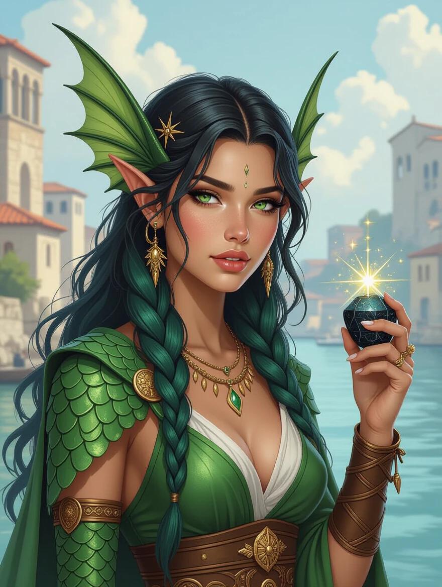 Young Triton female fish-person in a fantasy port city. Features sharp finned ears and green-blue scaled skin. Clothed in Ancient Greek style garments. Holding a black stone that casts light. Hair is long and slicked back in green-blue hues. Portrayal is in an oil-painting style.