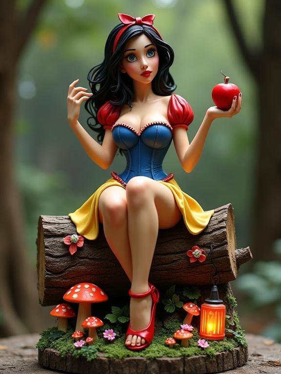 A resin sculpture inspired by Snow White. A sensual Snow White sits on a log in an enchanted forest. She has a blue corset and a short yellow skirt, wearing red heels. She holds a red apple and has a provocative expression. The log has roots, flowers, and glowing mushrooms around her. The scene is magical with detailed textures.