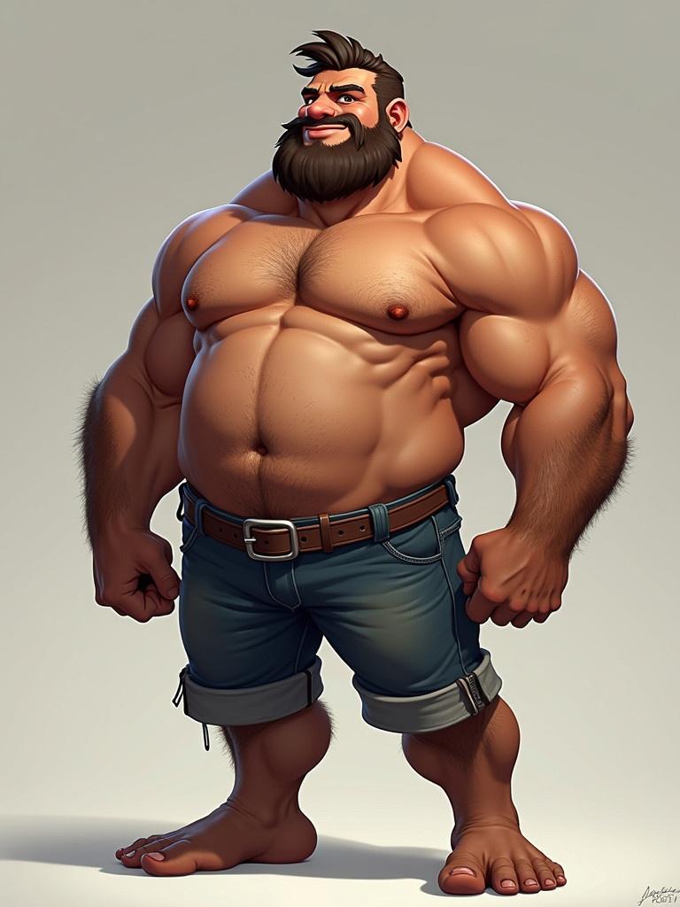 Animated character depiction of a muscular man with a strong physique. The character has a prominent muscular build, wearing denim shorts and exhibiting characteristics typical of fitness enthusiasts. The artwork captures an empowerment theme around bodybuilding and health.