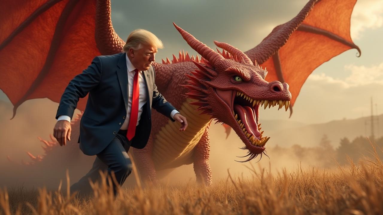 In a sunlit field, a man in a suit and red tie walks confidently alongside a majestic, roaring dragon. The dragon, with its fiery red and orange scales and wide wings, dominates the scene. The sky is a blend of warm hues, creating a cinematic and fantastical atmosphere, suggesting a fusion of realism and mythological imagery.