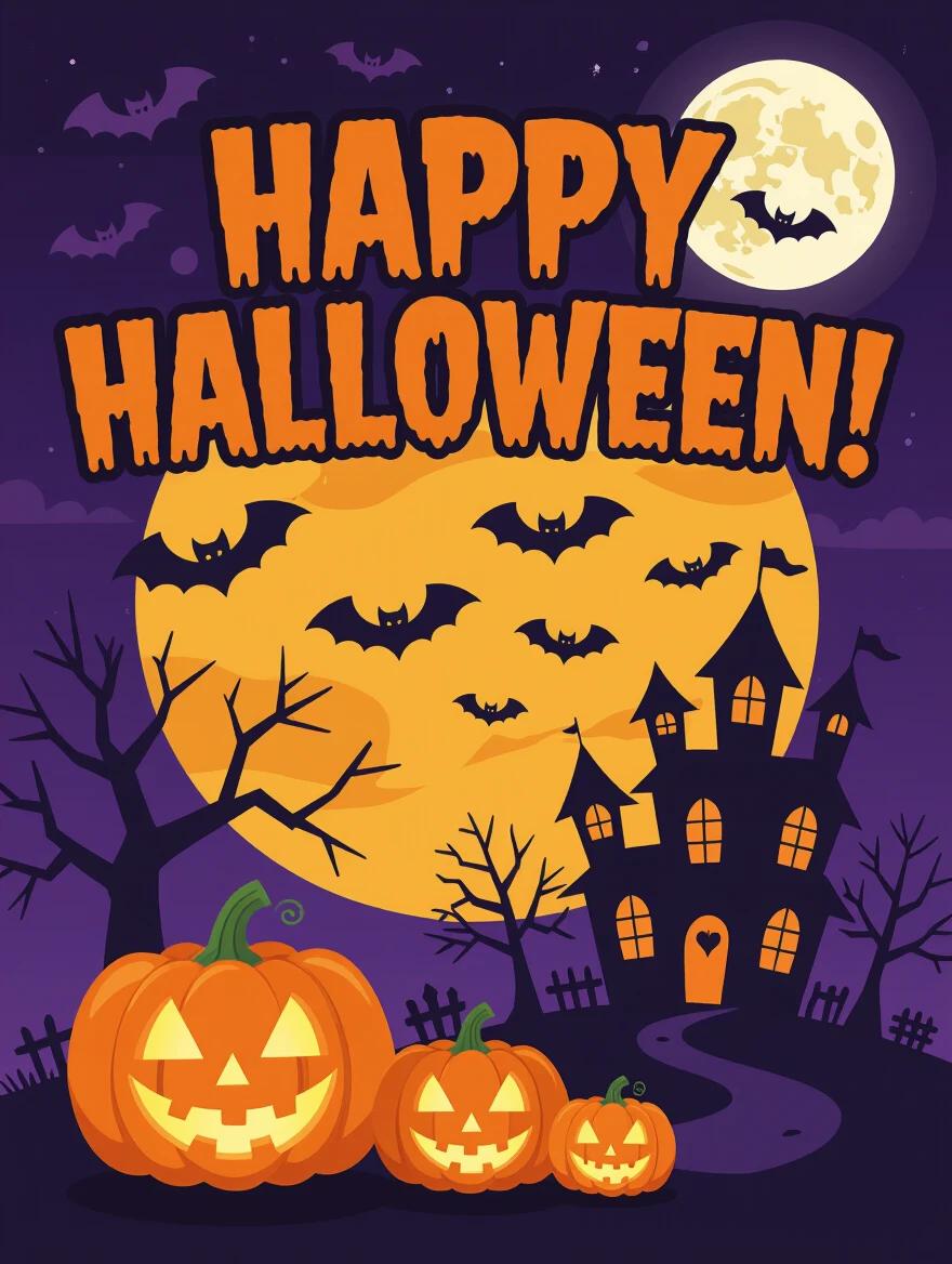 Design a Halloween poster cover with bold text "Happy Halloween!" in spooky font. Include pumpkins, flying bats, a haunted house silhouette, and a full moon in the background. Use a dark purple and orange color theme. Style: cartoonish, fun, festive.