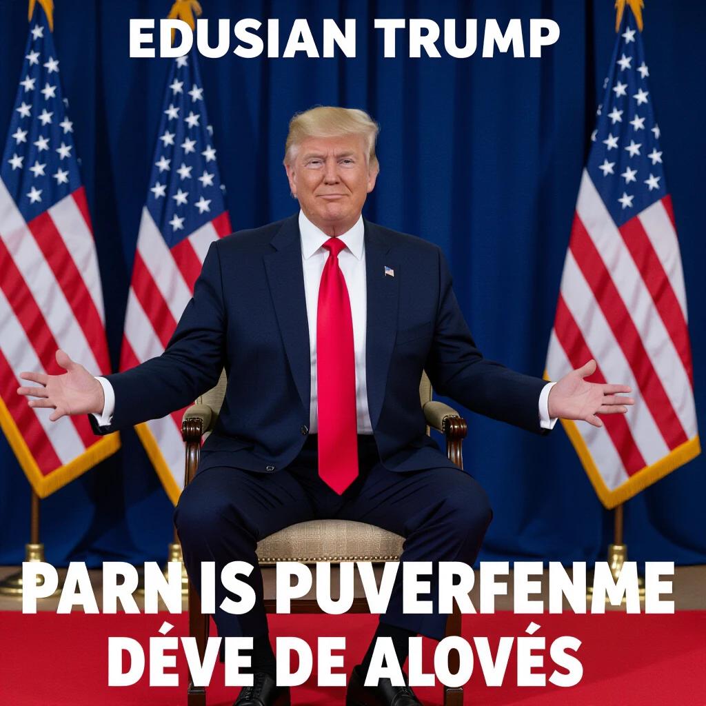 Cartoonish depiction of a person posing as Trump. The subject sits confidently on a red chair. Red tie contrasts with dark outfit. Bold letters overlay the image with phrases in a mix of English and another language. Background features blue drapes and spotlights.