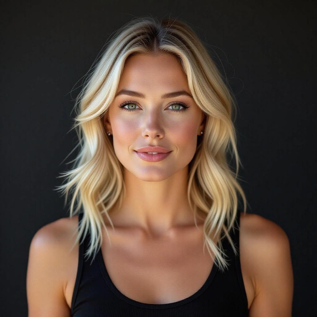 A woman with blonde hair wears a black tank top. She looks directly at the camera with a soft smile. The background is black, emphasizing her features.