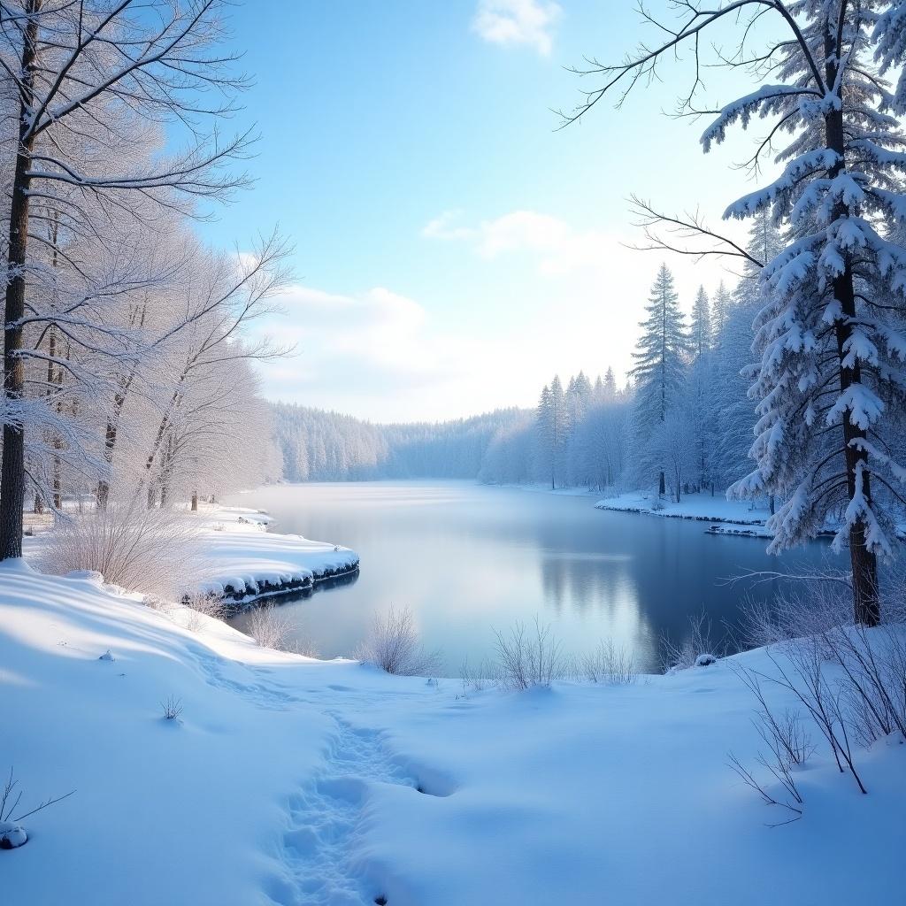 Snow-covered landscape during winter season. A calm lake surrounded by frosted trees. Soft light creates a peaceful ambiance. A pathway leads towards the water.