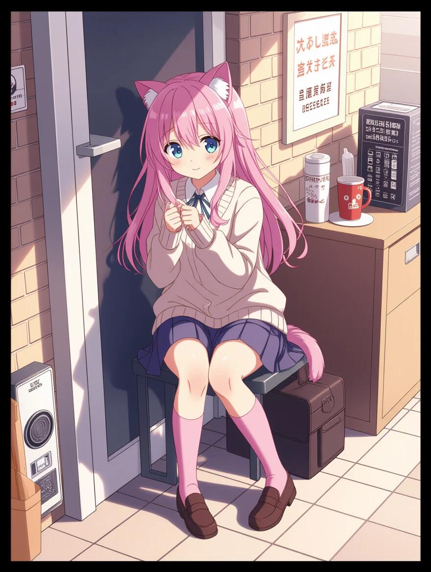 A cute girl sits on a stool with cat ears. She wears light pink over-knee socks with a cat face pattern. The floor is made of beige ceramic tiles, and the background features a white door frame. The lighting is soft and warm. The composition emphasizes her sock details. The overall color scheme is pink and white. The style is kawaii.