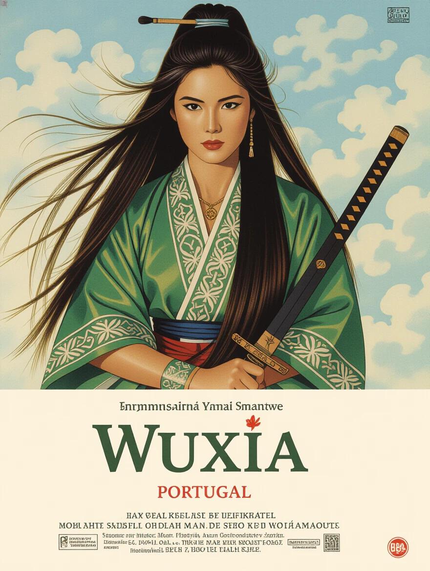 Full body woman with long hair in traditional attire from the Wuxia genre. Action movie poster style with a vintage vibe. Title reads 'Wuxia Portugal'.