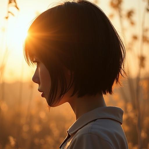 Back view of a Japanese girl with dark short hair. She is 18 years old. Sunlight creates a glowing effect around her. Captured in ultra-realistic style. Image resolution is 8k.