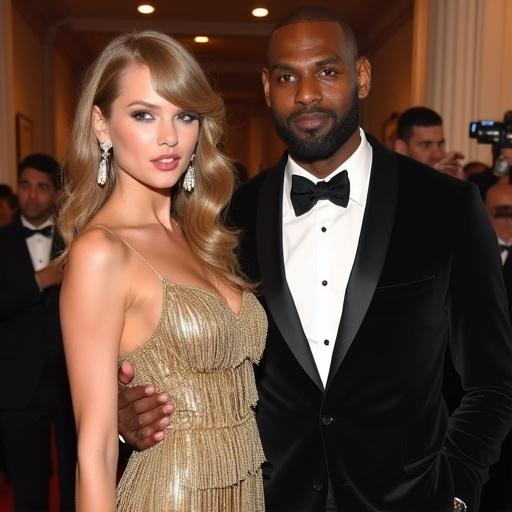 Couple at an awards show. Woman in a gold fringe dress. Man dressed in a black tuxedo. They pose together elegantly.