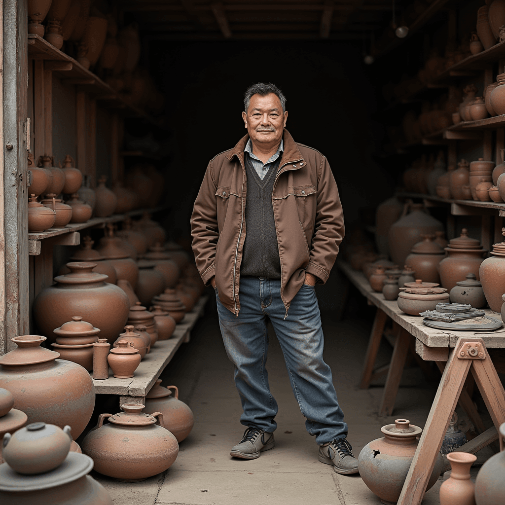 A man stands confidently in a workshop lined with a variety of clay pots and vessels on wooden shelves and tables.