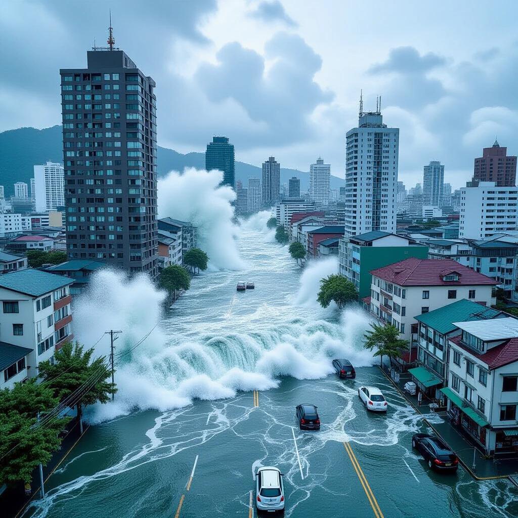 Image depicting a tsunami engulfing a city with skyscrapers. The scene shows large waves crashing into buildings and flooding streets. Mostly cloudy sky adds to the dramatic effect. Cars submerged in water emphasize the disaster.