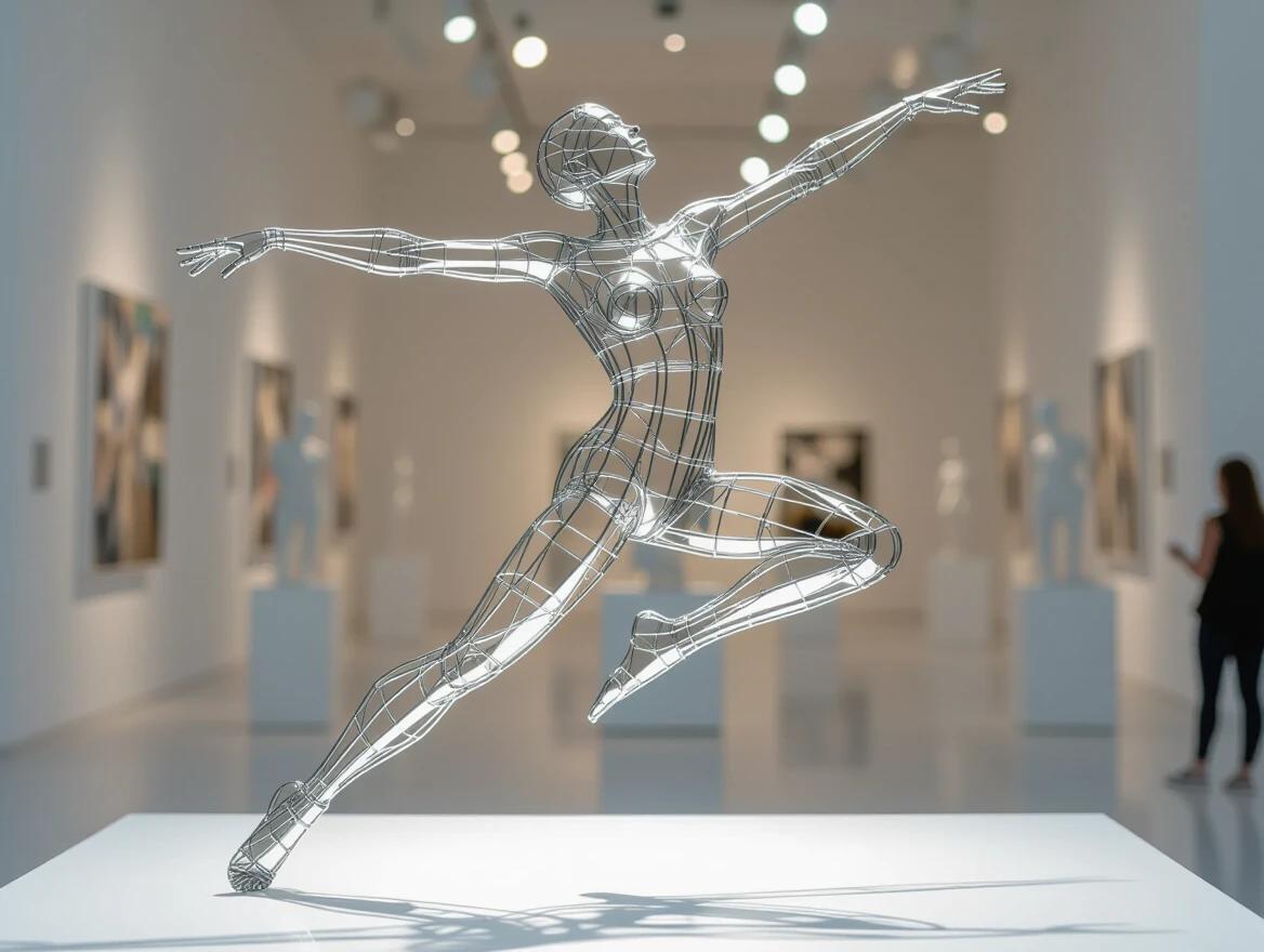 Sculpture of a human figure crafted from wire mesh captured in mid-air. The figure is in a leaping pose with arms outstretched and one leg bent. Metallic surface reflects light. Background is a modern art gallery. Dramatic lighting enhances contours of the figure.