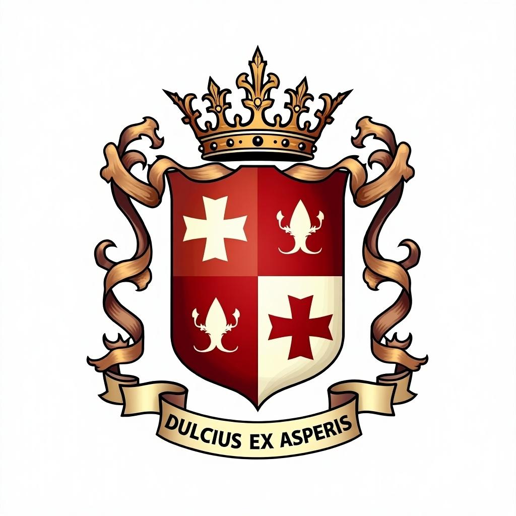 The image features a detailed coat of arms design. It prominently displays a Swiss escutcheon with four charges. The shield is adorned with a coronet as the crest. Below the shield, a ribbon bears the motto 'Dulcius Ex Asperis'. The overall design is dynamic and colorful, showcasing elements of heraldry. This illustration could be used for educational purposes or as decorative artwork.