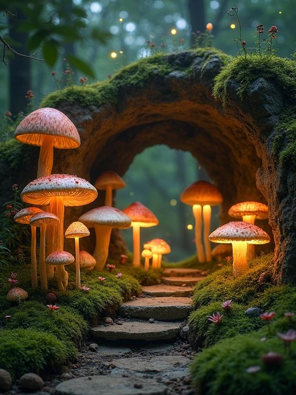A mystical forest scene featuring mushrooms of various shapes and sizes as musical instruments. Fairies and elves play each mushroom, generating distinct notes. Luminescent scores float in the air. Night flowers bloom rhythmically, releasing glowing spores. An amphitheater created by ancient moss-covered stones encases the area.
