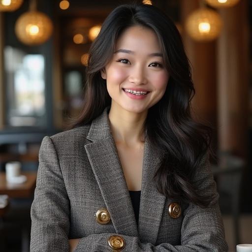 35 year old Japanese female newscaster in tailored Balmain tweed blazer with oversized gold buttons. Smiling with braces, wearing black skinny jeans. Dine at fashionable cafe with friend.