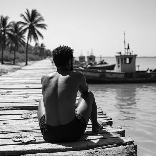 Black-and-white documentary photograph of a young Wayuu Indigenous man at Riohacha pier. Man has short dark hair and medium brown skin. He is shirtless and sits at the edge of the pier. He gazes at the sea in a relaxed pose. Vintage tugboats docked at the far end. Weathered wooden planks show signs of age. Palm trees sway in the background. Strong afternoon light creates contrast. Sharp details with natural lighting. Photographed on a Leica camera.