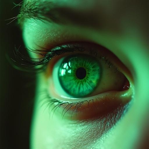 Extreme close-up view of a green eye. Polaroid style. Low quality image. Interesting lighting effect.