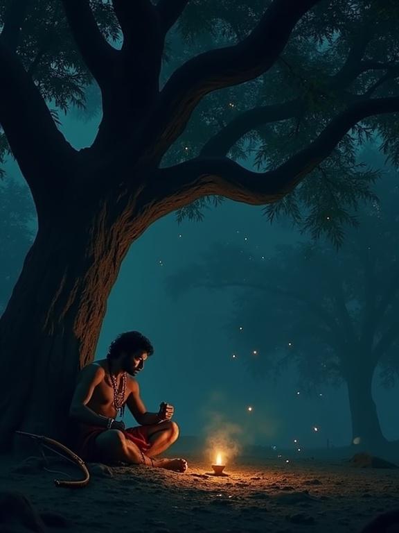 A dimly lit forest clearing at night. A figure meditates under a large banyan tree. A faintly glowing oil lamp is present. The ambiance is reflective and serene. Fireflies add a touch of magic.