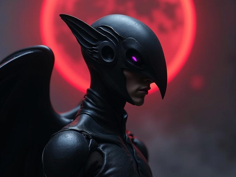 Hyper-realistic portrait of a dark angelic being modeled after Femto Griffith. Smooth black armor with organic texture. Sleek bird-like helmet with beak-shaped visor. Emotionless predatory expression. No visible mouth, glowing violet eyes. Subtle wing-like structures. Armor shimmers like polished obsidian. Floats in void illuminated by crimson eclipse.