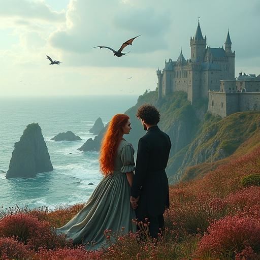 Double exposure image showing a panoramic view of islands covered in blooming heather. The scene includes a majestic old castle on a cliff with flying dragons. A beautiful red-haired woman and a strong dark-haired man in antique clothes are captured from the back view. The setting gives an expressive and dramatic atmosphere with realistic details.