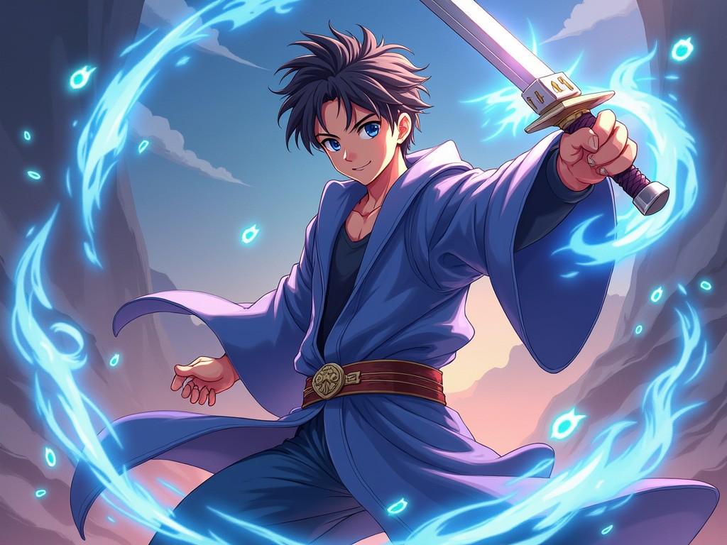 This digital artwork features a young warrior in a flowing blue robe, wielding a sword surrounded by a vibrant, blue energy aura. His determined expression and dynamic pose suggest courage and readiness for battle. The background subtly depicts a mountainous landscape, conveying a sense of adventure and fantasy.