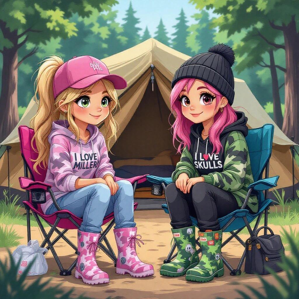 Cartoon girls sitting on camping chairs outside a tent during a music festival. They are smiling and talking. One girl has long dark blonde hair and wears a pink cap, camouflage pink shirt, and wellies. The other girl has pink hair and wears a black beanie and a grey shirt with a skull design. Background features trees and a tent.