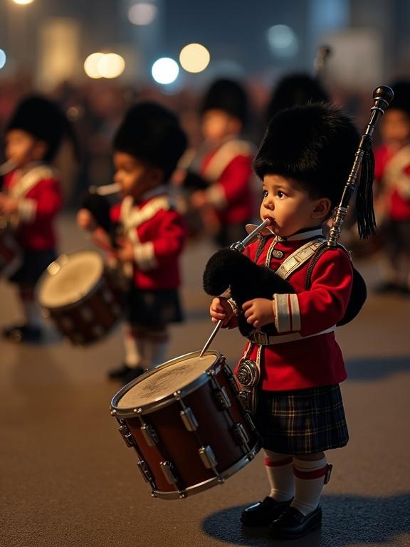 Nighttime photograph of a Scottish military band featuring babies in miniature uniforms. Babies play drums and bagpipes. Crowd is visible in the background. Lighting creates a night parade atmosphere. Babies appear focused and expressive. Uniforms are detailed and proportioned for children.