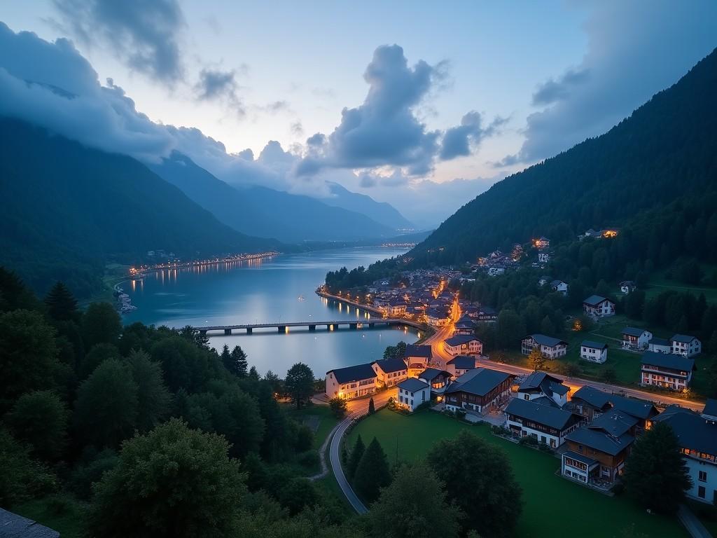 A serene mountain village by a lake at dusk, with illuminated streets and buildings, surrounded by lush greenery and mountains, under a cloudy sky.