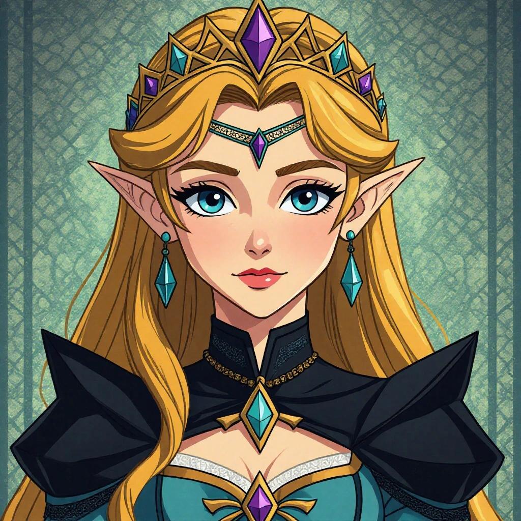 Princess Zelda themed as a goth girl. Elegant attire with dark elements. Long blonde hair adorned with a jeweled crown. Large earrings and intricate facial features.