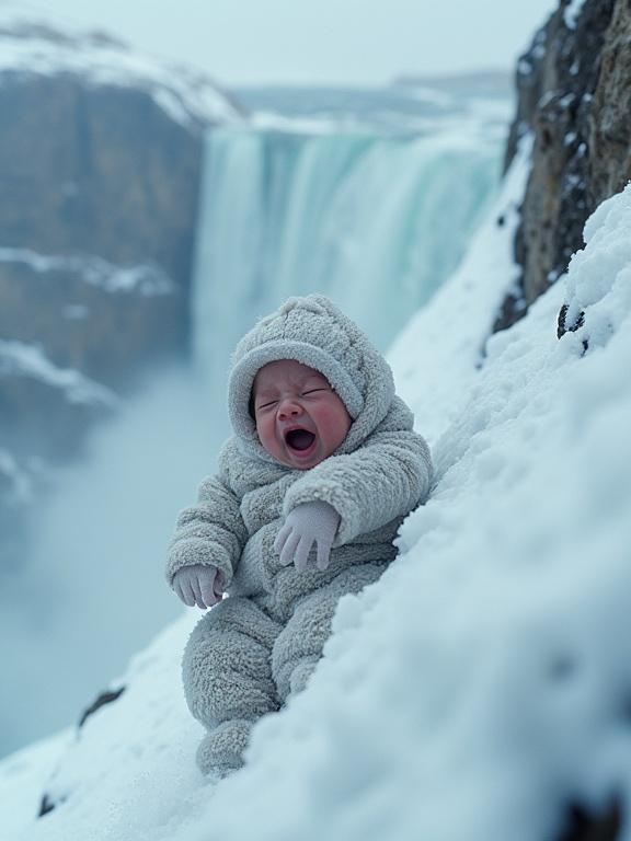 Swaddled baby in gray outfit crying on a snowy incline near a cliff. Waterfall in the background. Baby's face red from cold. Dynamic shot captures vulnerability.
