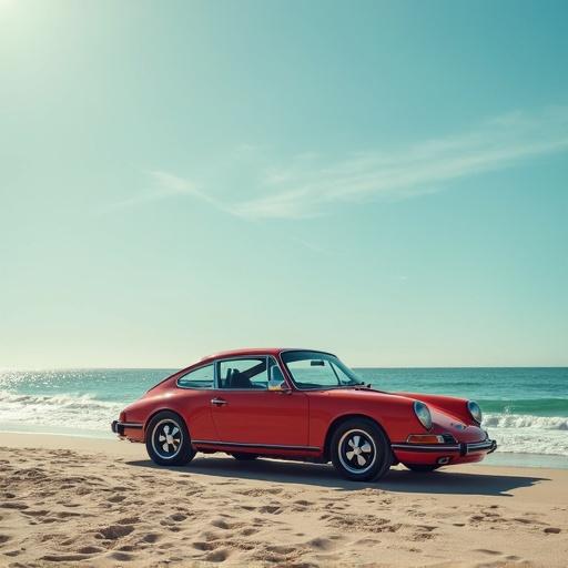 Car parked on sandy beach with ocean waves in the background. Vintage style red car positioned on the shore under blue sky.