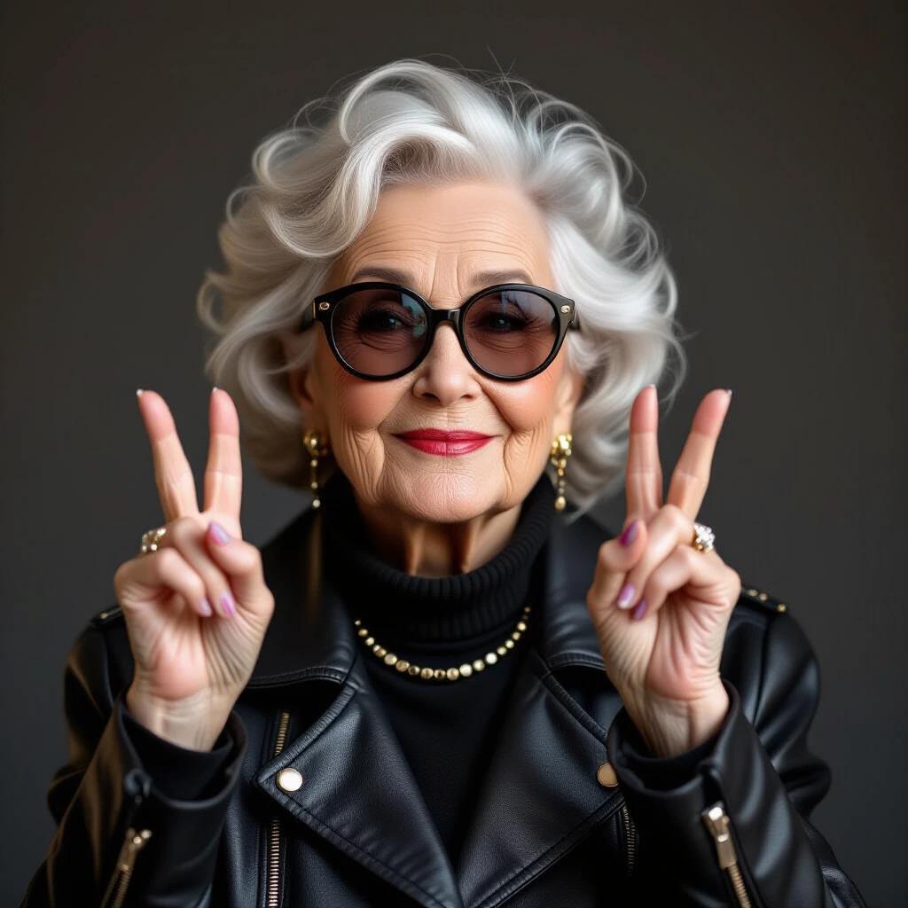 Portrait of an 80 year old woman with a round face. She wears a black leather coat and sunglasses. She is making an I Love You gesture with her hands. The style reflects rock and roll fashion.
