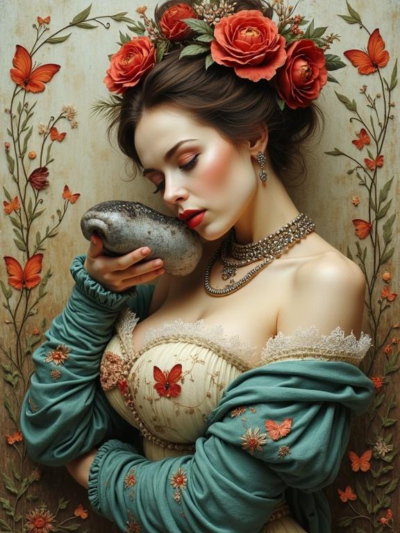 A mixed media artwork featuring a woman holding a stone. She has roses in her hair with intricate details. The style reflects whimsy and beauty and is inspired by various artists. It shows softness and femininity with floral elements.