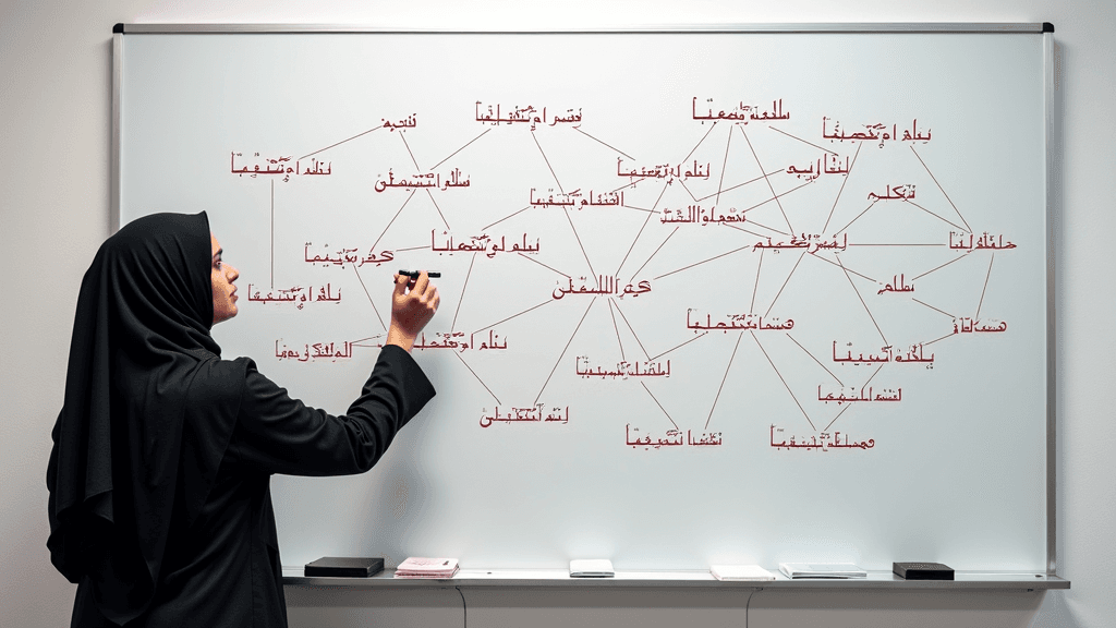 A woman in a black hijab writes on a whiteboard covered in Arabic text and interconnected lines.