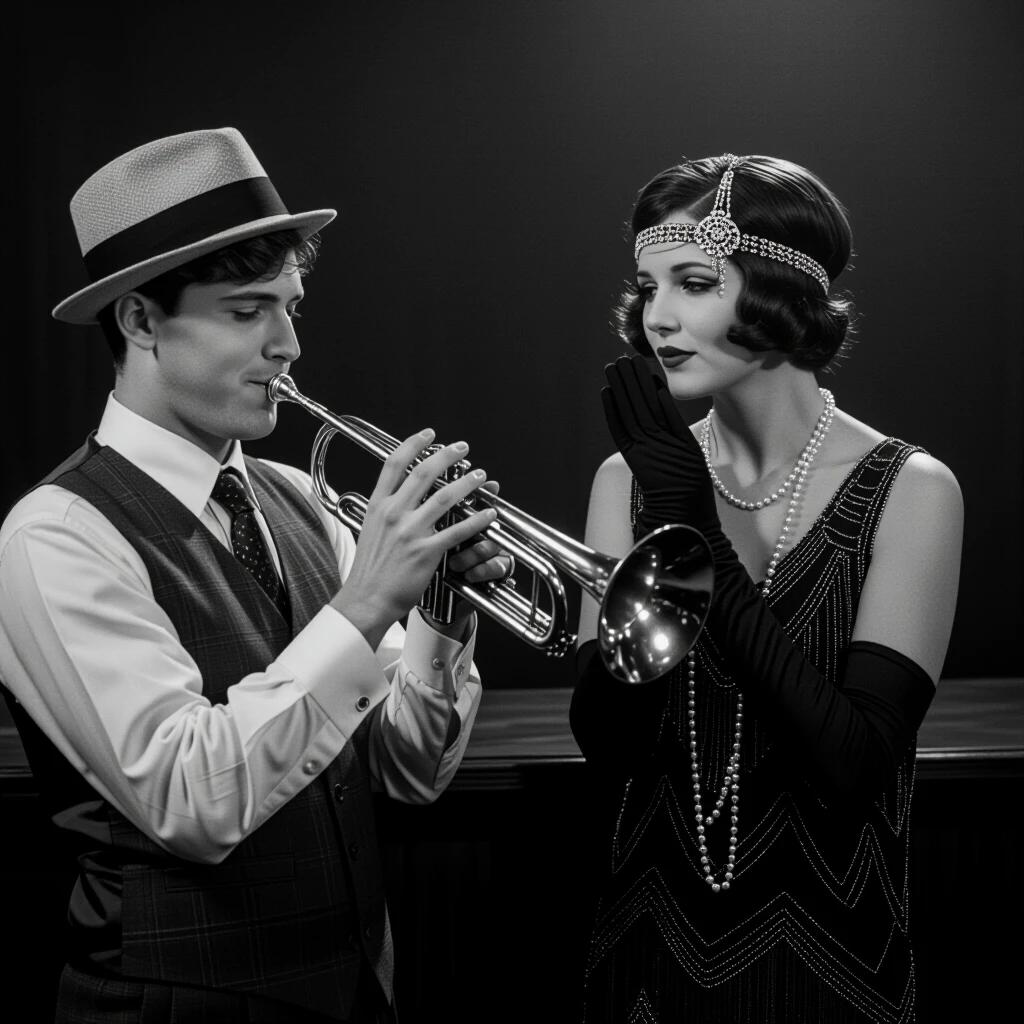 Scene set in a 1920s speakeasy. Young jazz trumpeter holding trumpet looking nervous. Flapper hostess nearby offering encouragement. Background features dim lighting and vintage decor. Focus on the art of jazz performance.
