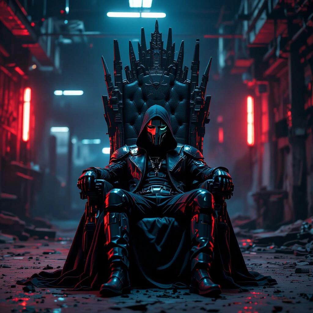 Portrait of a masked figure lounging on an impressive throne in a crumbling tech warehouse. The figure wears metallic cyberpunk clothing and is surrounded by ambient red and blue lighting.