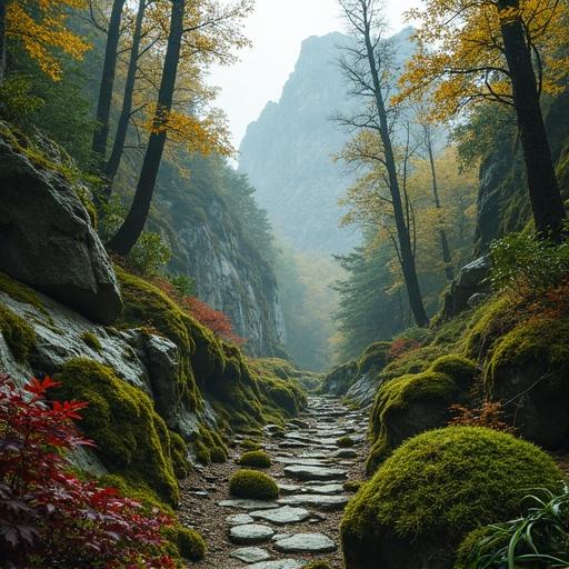 Misty canyon filled with autumn foliage and moss. Path of stones leads through the forest. Tall trees reach upward with yellow leaves. Mountain peaks loom in the background. Soft light creates a serene atmosphere.