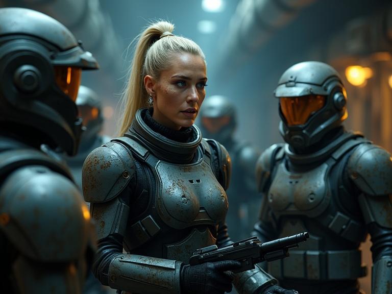 Dramatic scene in a dimly lit Starcraft base with a confident blonde woman discussing with space marines. Weathered tactical suits and intense expressions create a sense of urgency. Lighting emphasizes shadows and textures, enhancing the gritty atmosphere.