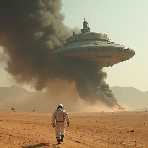 Cinematic medium shot features vast desert-like landscape with massive spaceship above. Spaceship emits thick black smoke and fire. Horizon dotted with small structures representing remnants of civilization. Foreground shows astronaut in white spacesuit walking towards spaceship, unaffected by chaos.